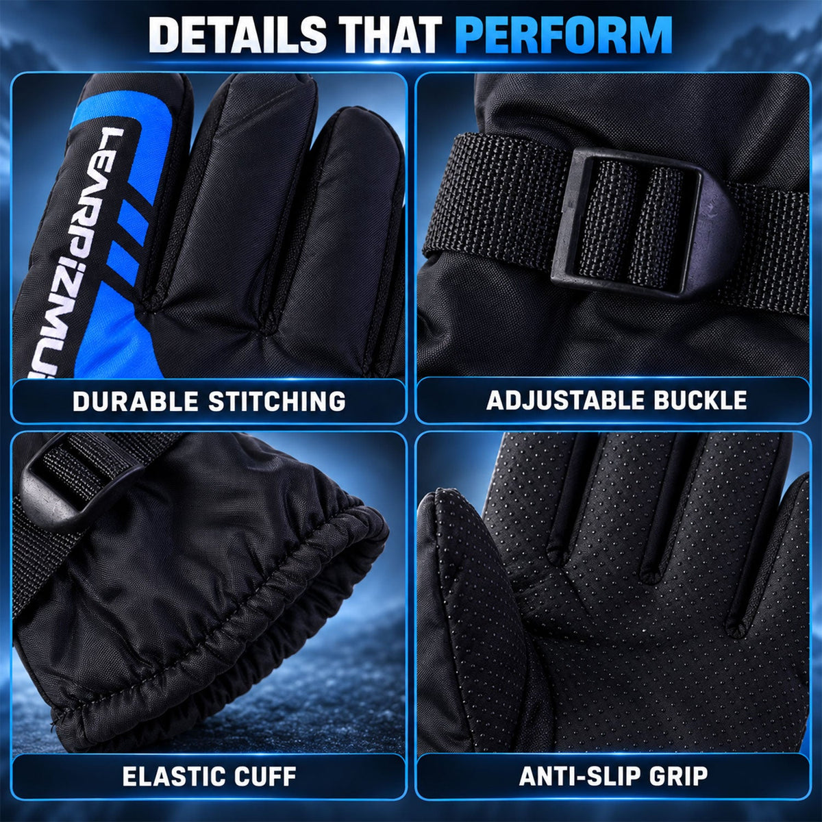 Wukusy winter full-finger gloves with fleece lining and adjustable wrist buckles, showing the textured black fabric and secure fit.
