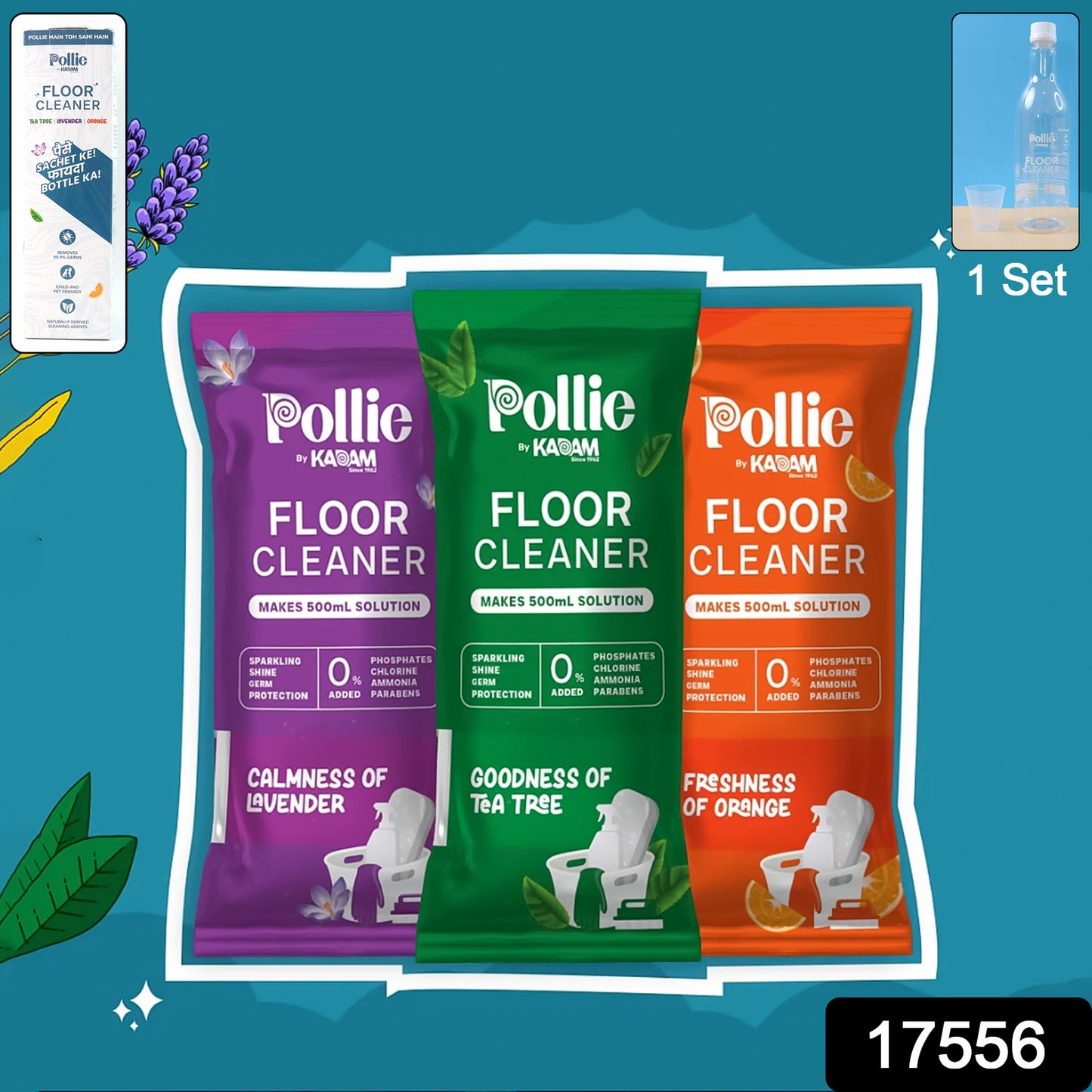 Wukusy Pollic Kadam concentrated floor cleaner refill kit with reusable measuring bottle for home cleaning.