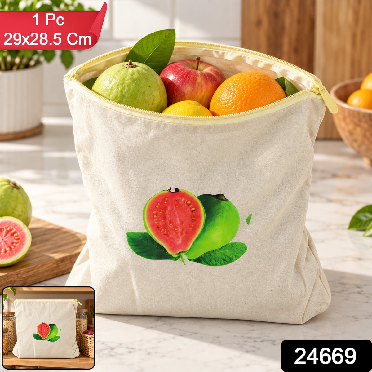 Wukusy reusable cotton fruit and vegetable storage bag with zipper, 29x28.5 cm, for eco-friendly produce storage.