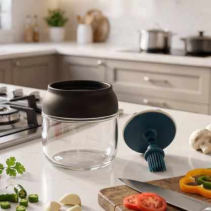 280 Ml Round Glass Oil Dispenser With Silicone Brush For Kitchen Cooking (1 Pc)