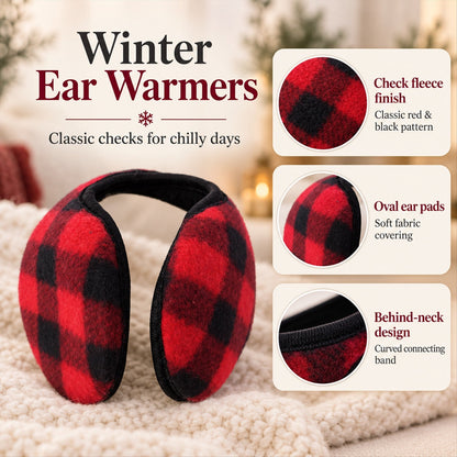 Wukusy check pattern winter ear muffs with behind neck band, designed for warmth and daily use, shown on a model.