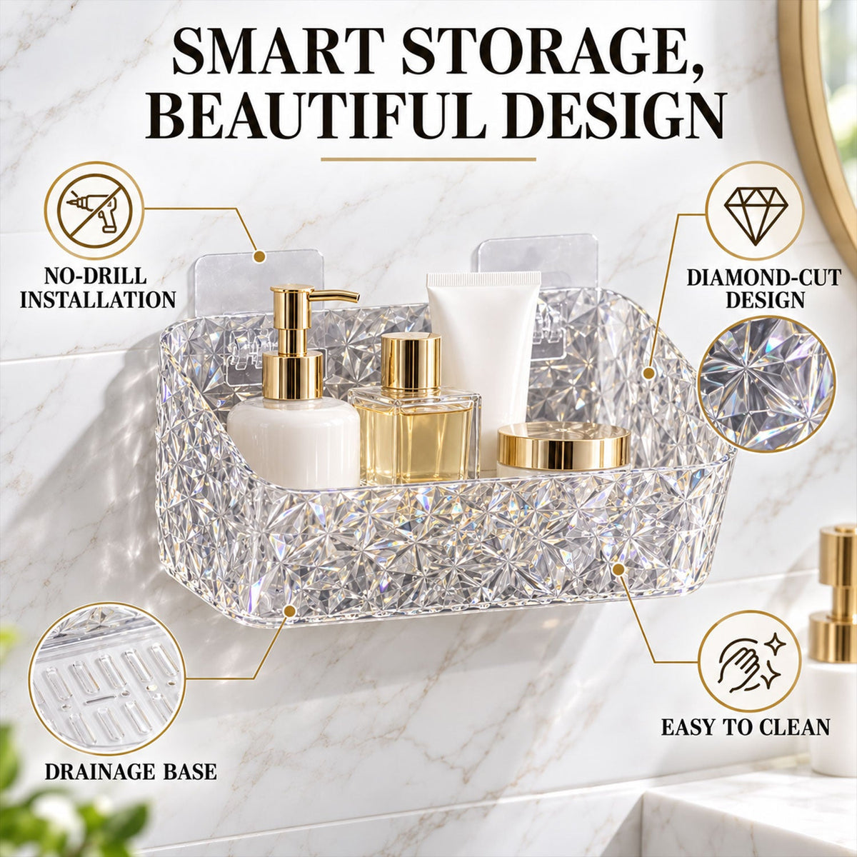 Wukusy diamond design bathroom wall rack with two shelves for toiletries and cosmetics, mounted on tiled bathroom wall.