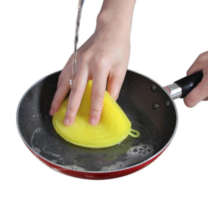 Wukusy silicone dish scrubber sponge with mildew-resistant, heat-resistant, non-stick surface for effective kitchen cleaning.