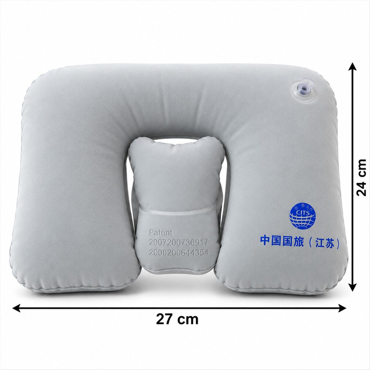 Wukusy inflatable travel neck pillow for flights and train trips, shown in a compact, cushioned design ideal for seated rest.