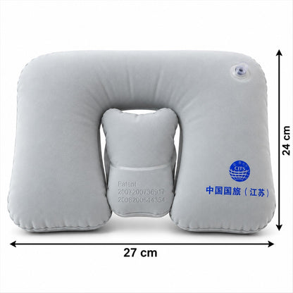 Wukusy inflatable travel neck pillow for flights and train trips, shown in a compact, cushioned design ideal for seated rest.