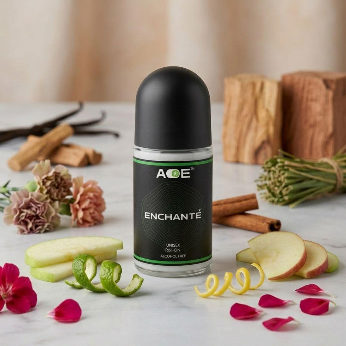 Wukusy Aoe unisex long-lasting roll-on deodorant with 50ml green body fragrance, shown in a sleek bottle.