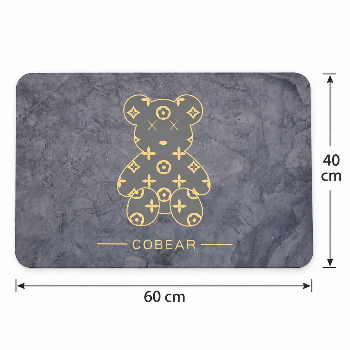 Grey absorbent bathroom mat with golden bear print, quick-drying fabric, 60x40 cm from Wukusy.