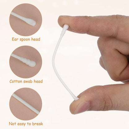 Box of Wukusy premium ultra-soft baby cotton swabs with 200 pieces, showing cotton-tipped swabs in a clear plastic container.