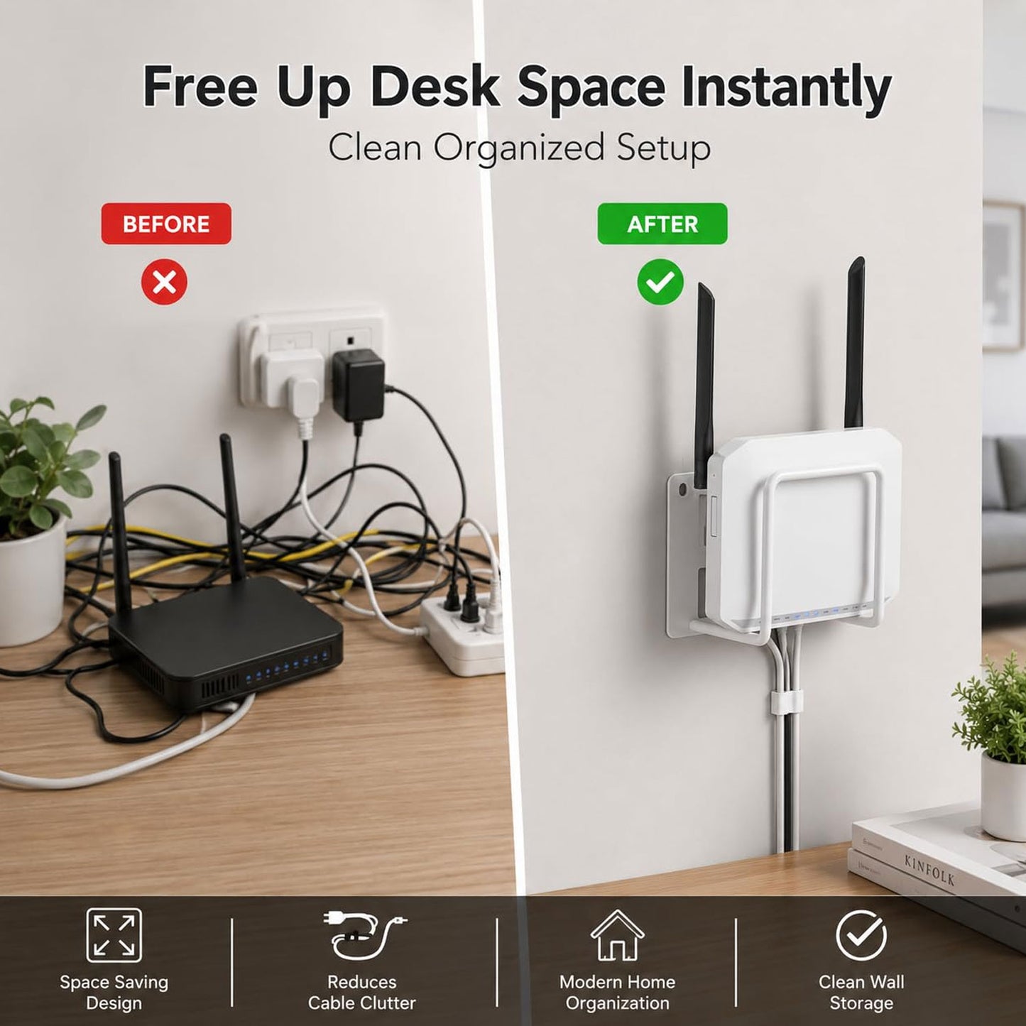 Wukusy wall mount WiFi router bracket holder stand shelf for set-top box, shown mounted on a wall with the router in place.