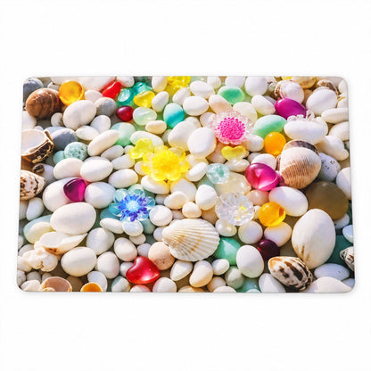 Wukusy 3D pebble stone shower mat with seashell print, water-absorbent rug, 58x38 cm, textured non-slip bathroom accessory