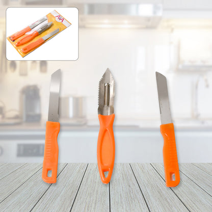 Wukusy 3-in-1 stainless steel kitchen knife set with plain knife, vegetable peeler, perfect for chopping, cutting, and peeling fruits and vegetables.