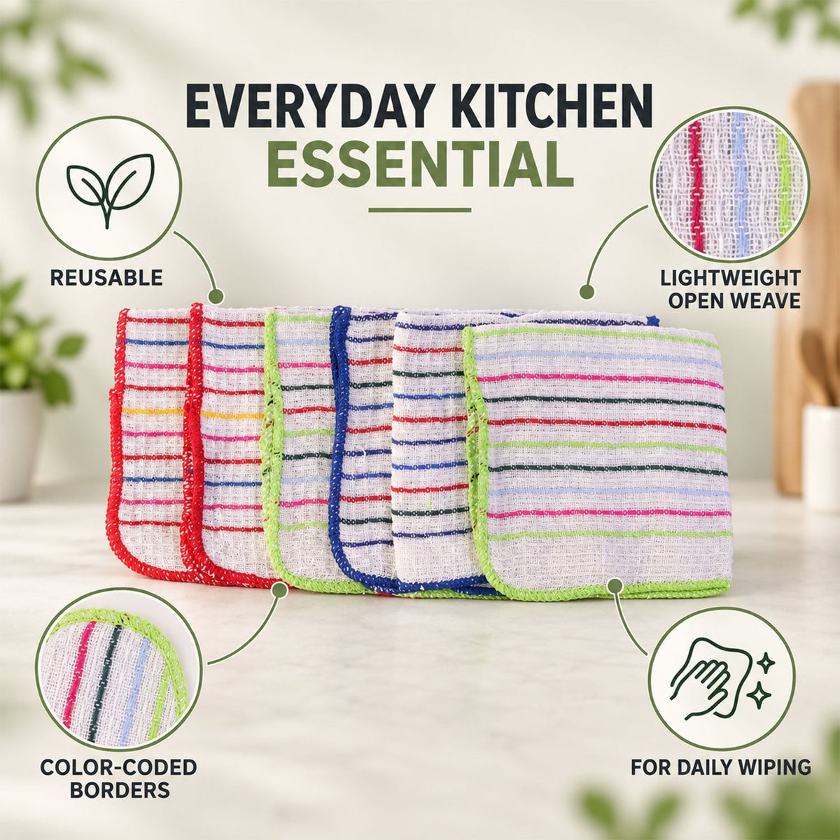Checked Cotton Dish Cleaning Cloth Set For Kitchen Use (6 Pc 28 X 28 Cm)
