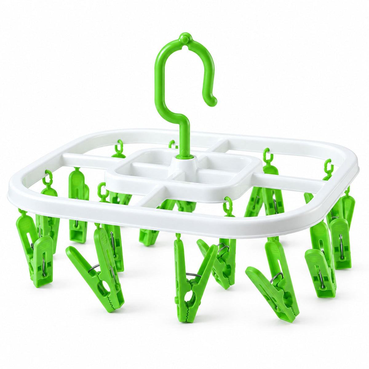 Plastic clip hanger drying rack with detachable hook for socks and small clothes, by Wukusy, shown holding small laundry items.