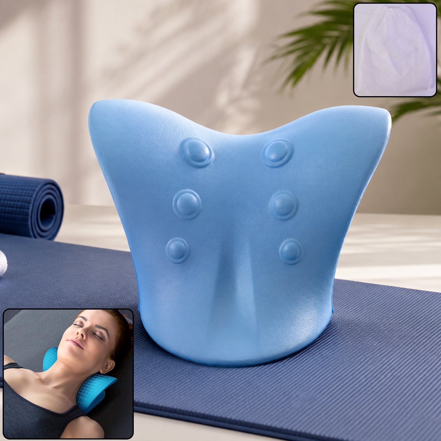 Wukusy neck and shoulder relaxer for pain relief and muscle relaxation, showing a person using the ergonomic device on their neck.