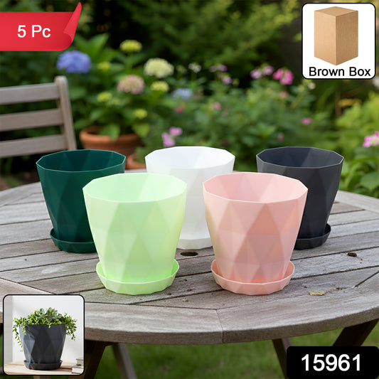Diamond Design Plastic Flower Pot Set With Drain Tray (5 Pc)