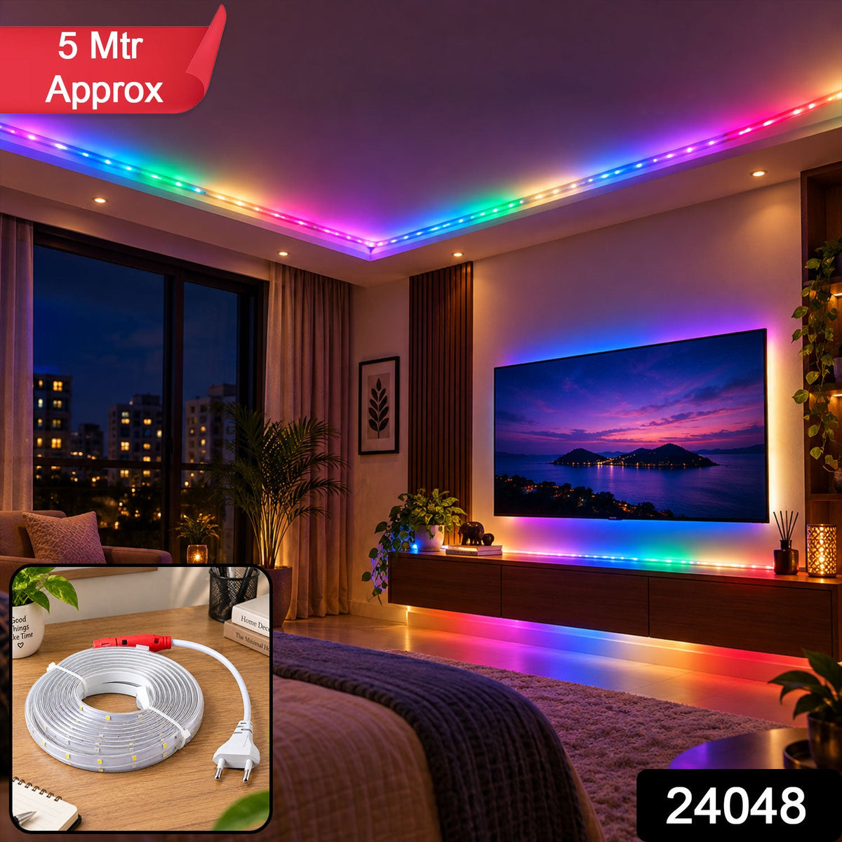 RGB decorative LED running rope light with inline controller by Wukusy, ideal for home room decor and ambient lighting.
