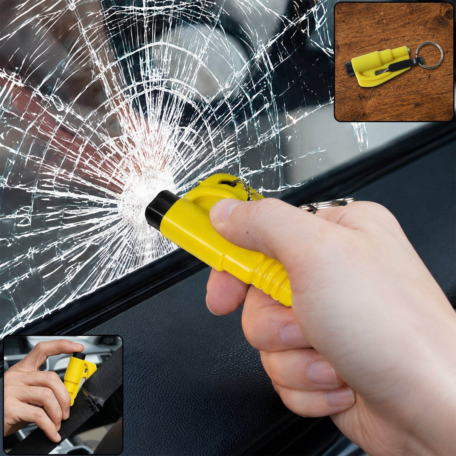 Wukusy keychain car safety hammer with seat belt cutter, featuring a compact design and sturdy metal construction.