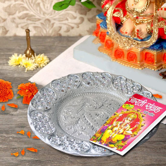 Silver-plated Swastik Pooja Thali set by Wukusy, glossy home decor puja thali with intricate designs for religious rituals.