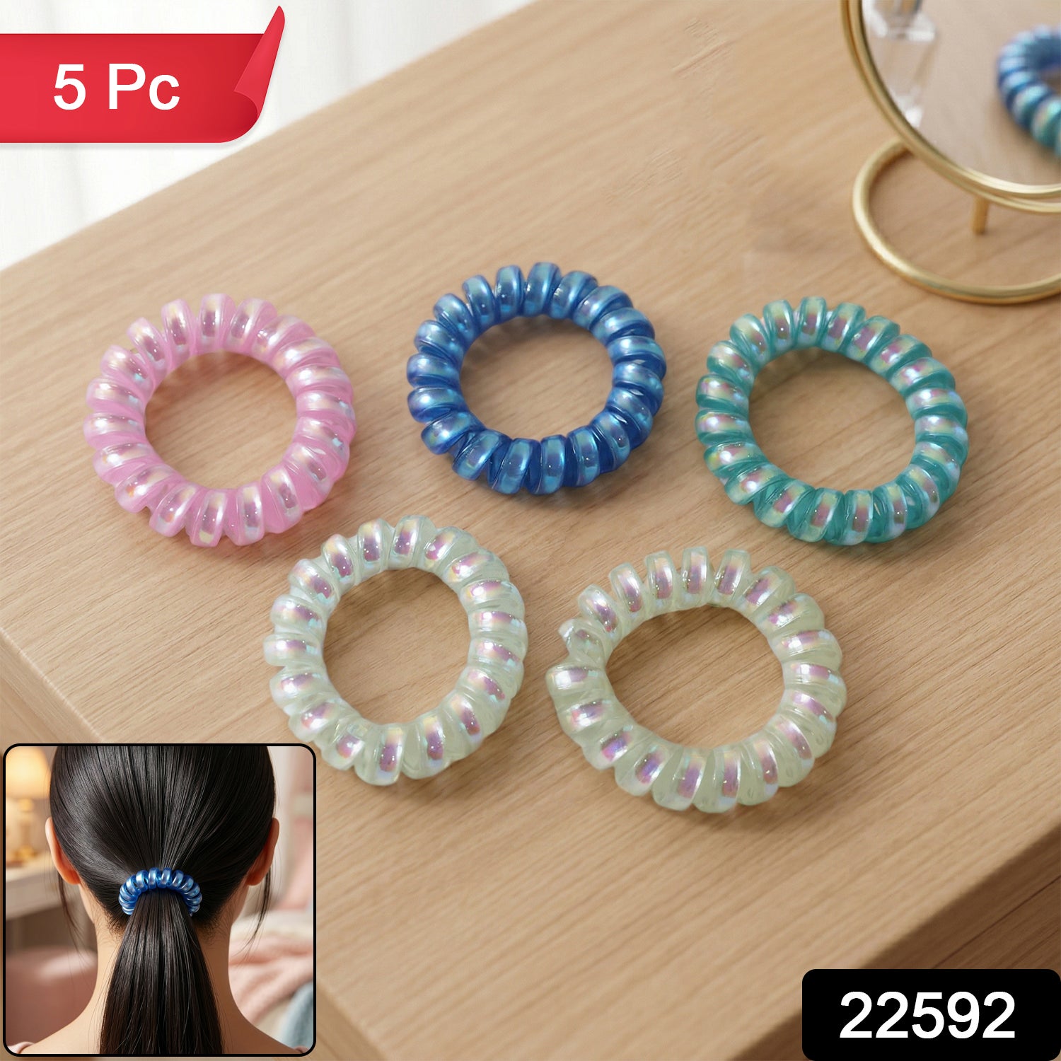 Soft Stretchable Telephone Wire Style Hair Bands Set (5 Pc Mix Color)