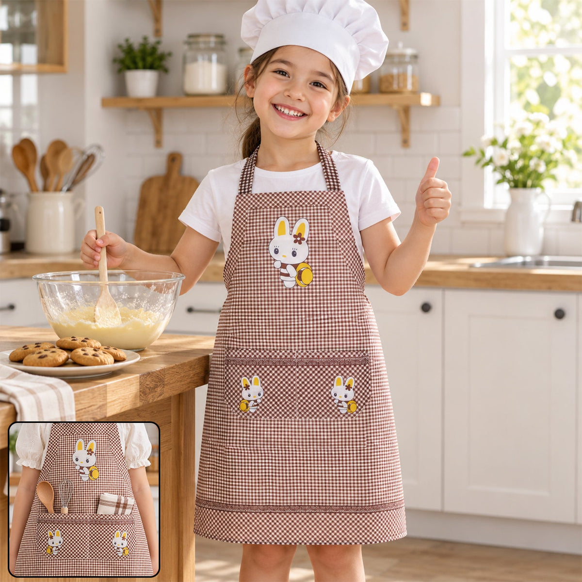 Kids cartoon kitchen cooking apron with front pockets, Wukusy brand, featuring colorful design, 71x57 cm size, suitable for children.