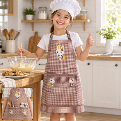 Kids cartoon kitchen cooking apron with front pockets, Wukusy brand, featuring colorful design, 71x57 cm size, suitable for children.