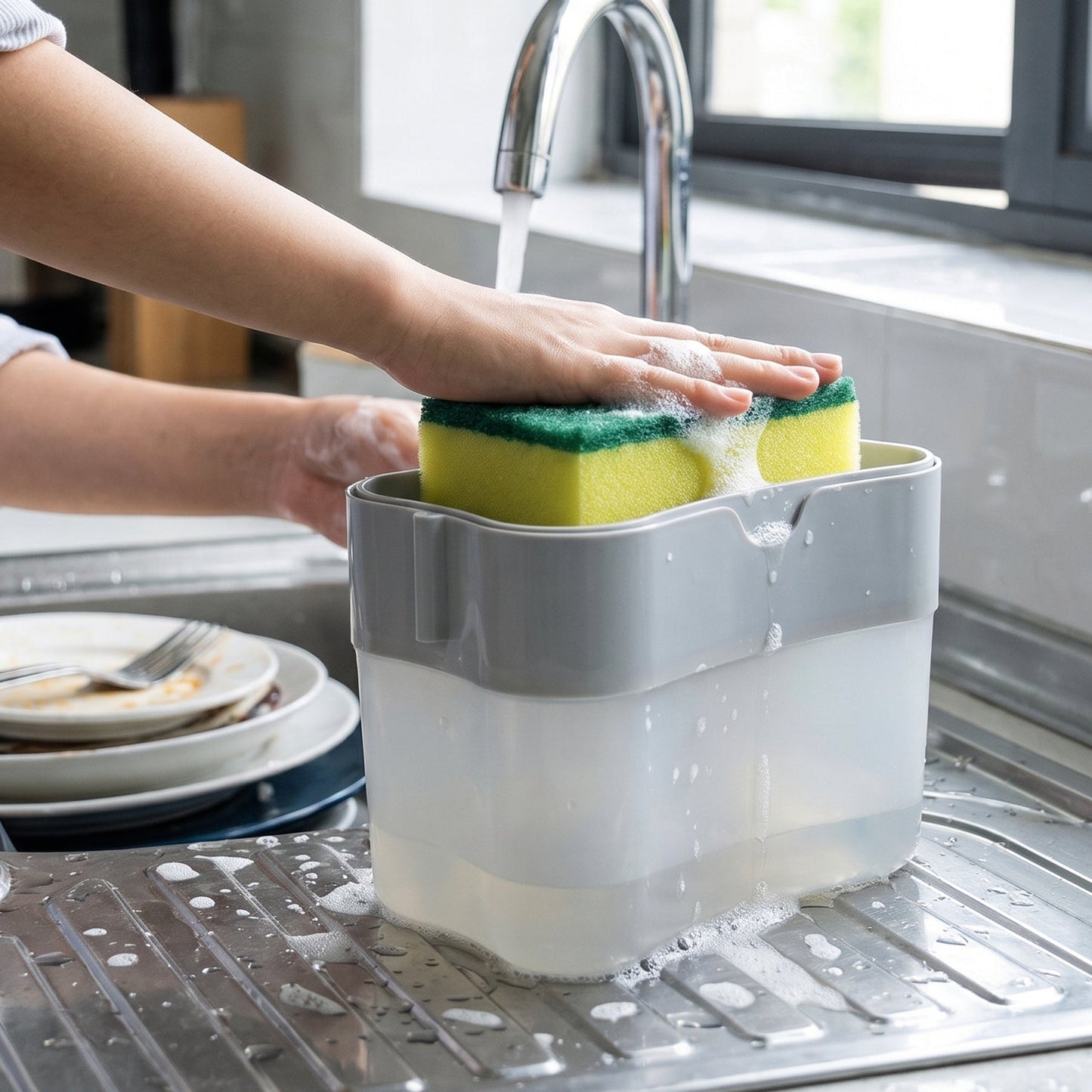Soap Dispensing Sponge Holder Press Pump Caddy For Kitchen Sink (1 Set)