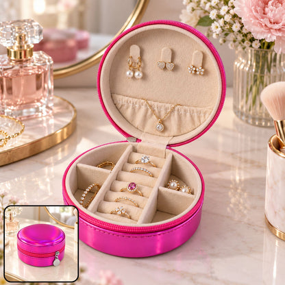 Wukusy round jewelry organizer box with ring rolls and zip closure, ideal for travel and storing rings and small jewelry items
