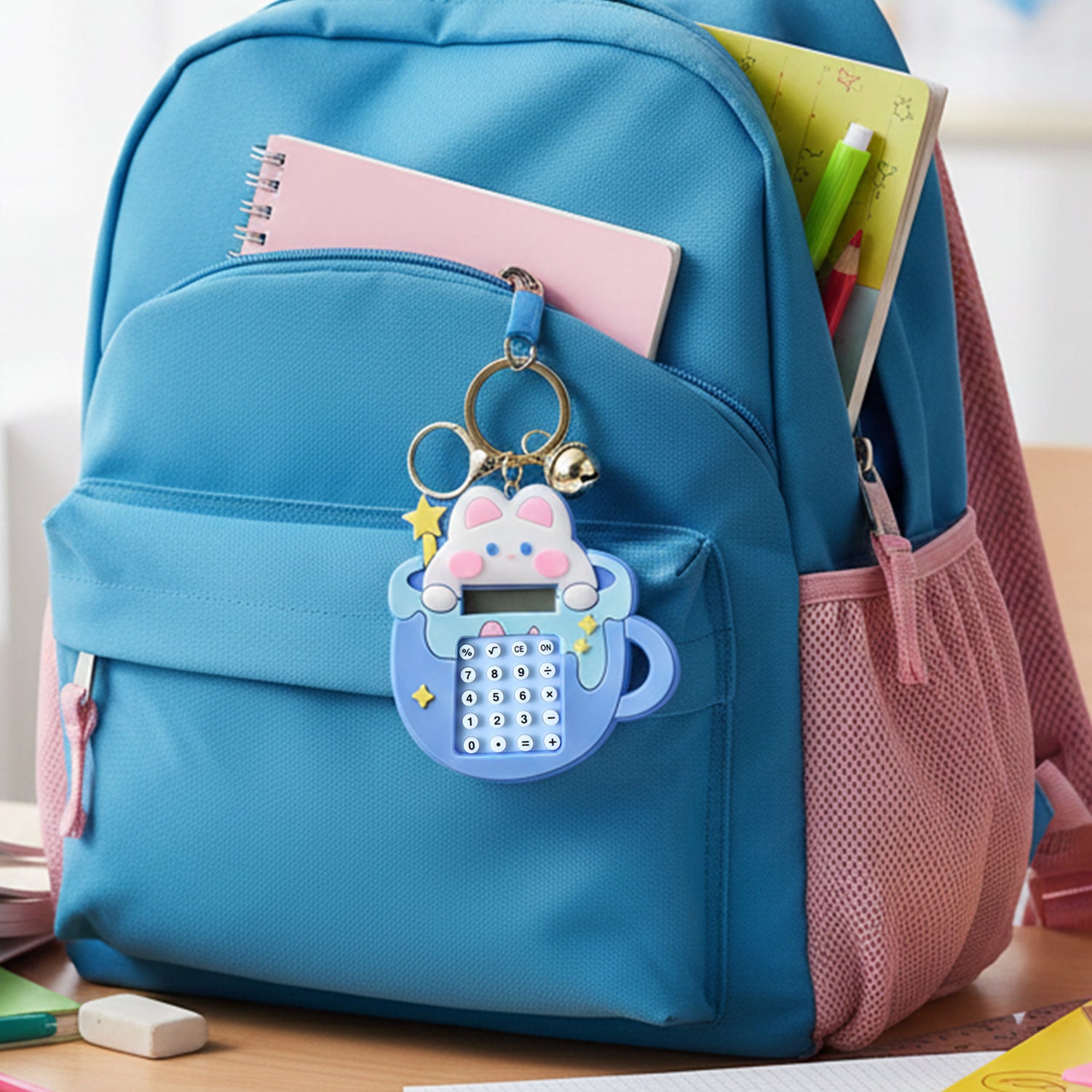 Wukusy cute cartoon bunny calculator keychain with mini digital display showing numbers and playful bunny design.