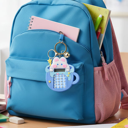 Wukusy cute cartoon bunny calculator keychain with mini digital display showing numbers and playful bunny design.