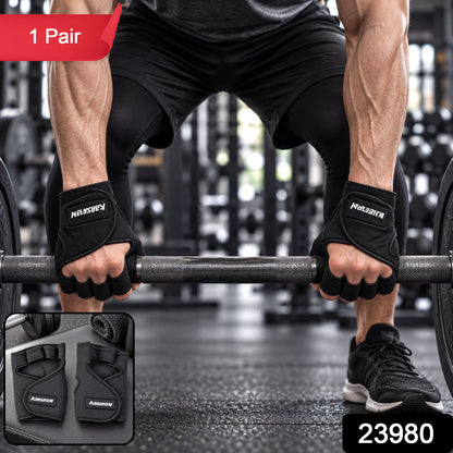 Wukusy half finger gym gloves with padded palm for weight lifting and training, showing the gloves on a white background.
