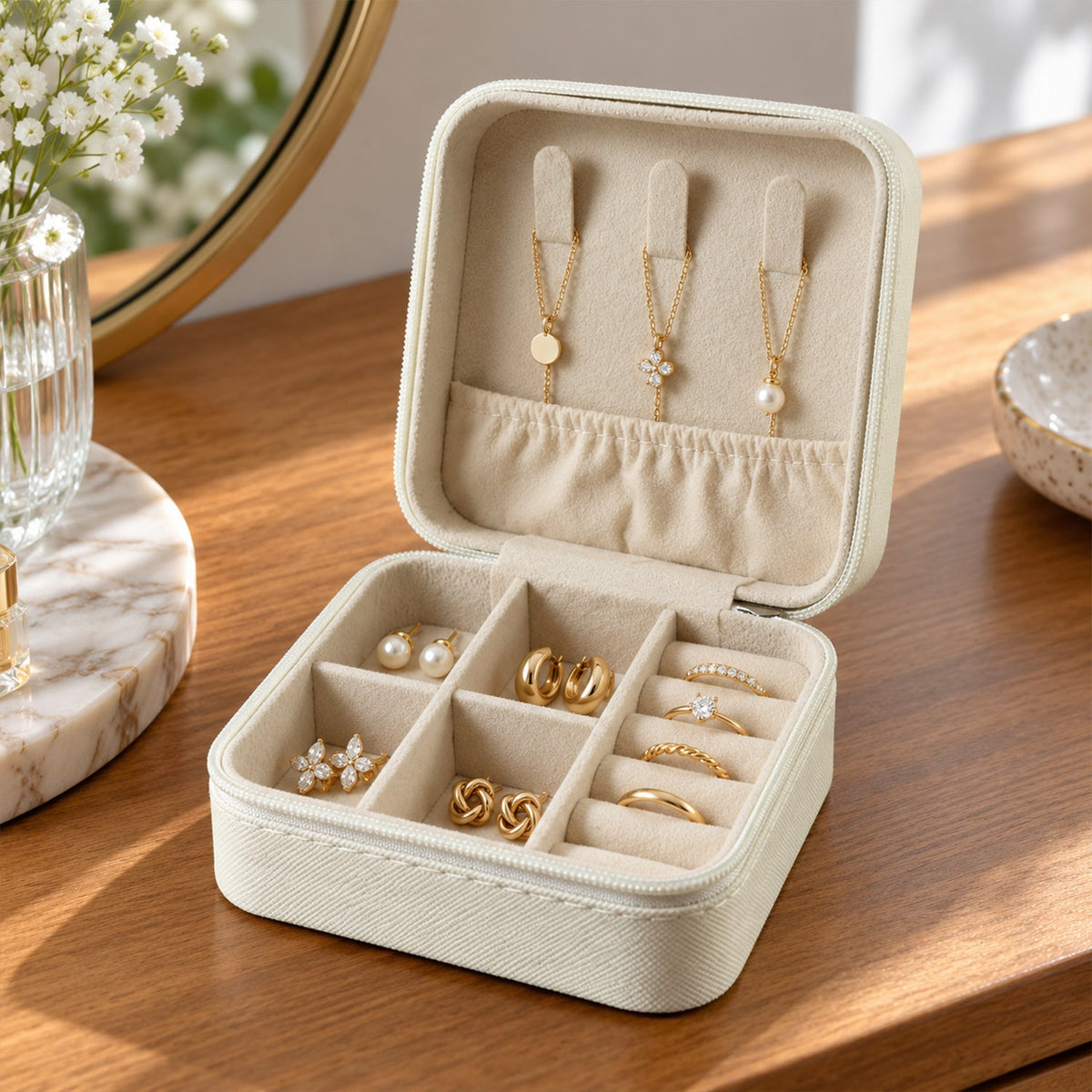 Mini Travel Jewellery Organizer Box With Ring Slots And Zip Closure (1 Pc)