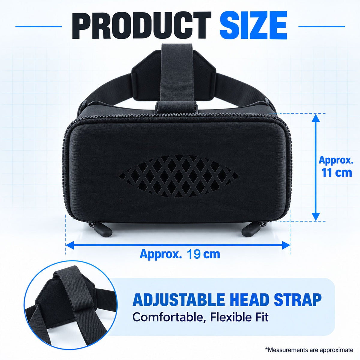 Wukusy 3D virtual reality smartphone headset with focus control and belt, showing adjustable straps and VR lenses.