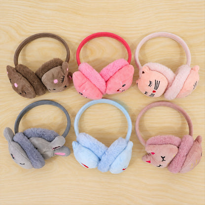 Wukusy plush winter ear muffs featuring cute animal face designs in various colors, soft and cozy for cold weather.