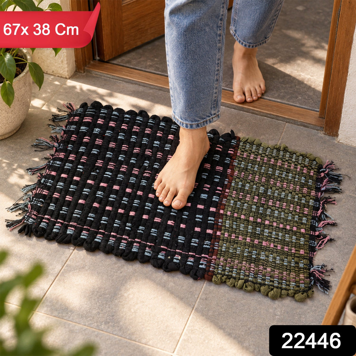 Decorative Woven Floor Mat With Check Pattern And Tassel Fringe For Doors (1 Pc)