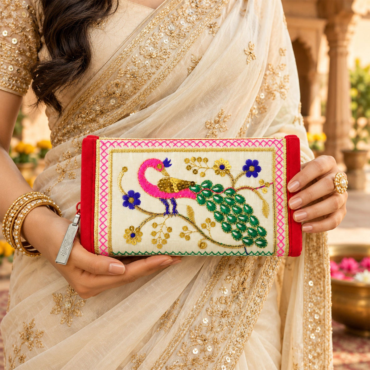 Traditional peacock embroidered clutch wallet by Wukusy with zip, measuring 11x20 cm, featuring intricate peacock embroidery and stylish design.