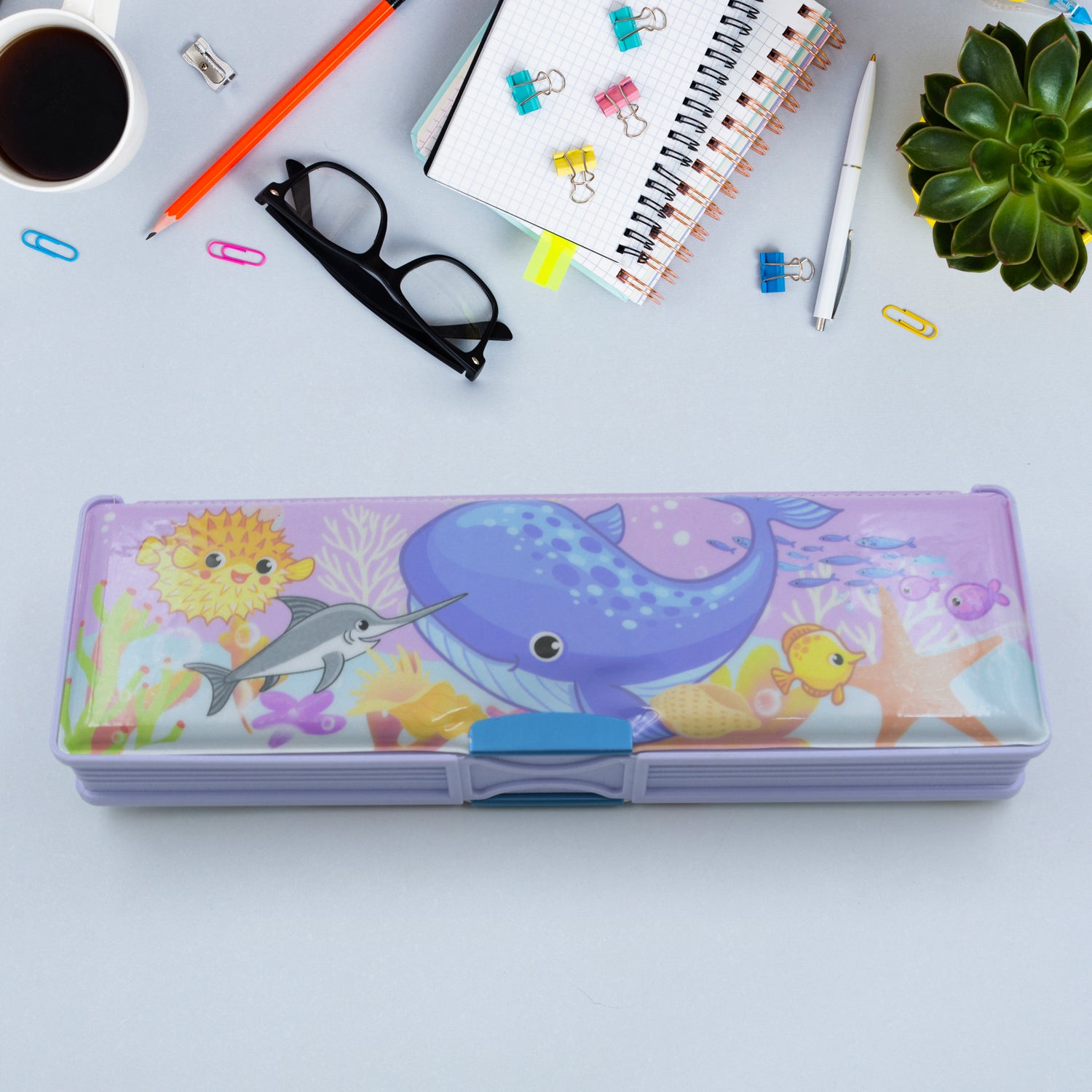 Wukusy plastic multipurpose pencil case with double compartments, cartoon print, ideal for school supplies and organization.