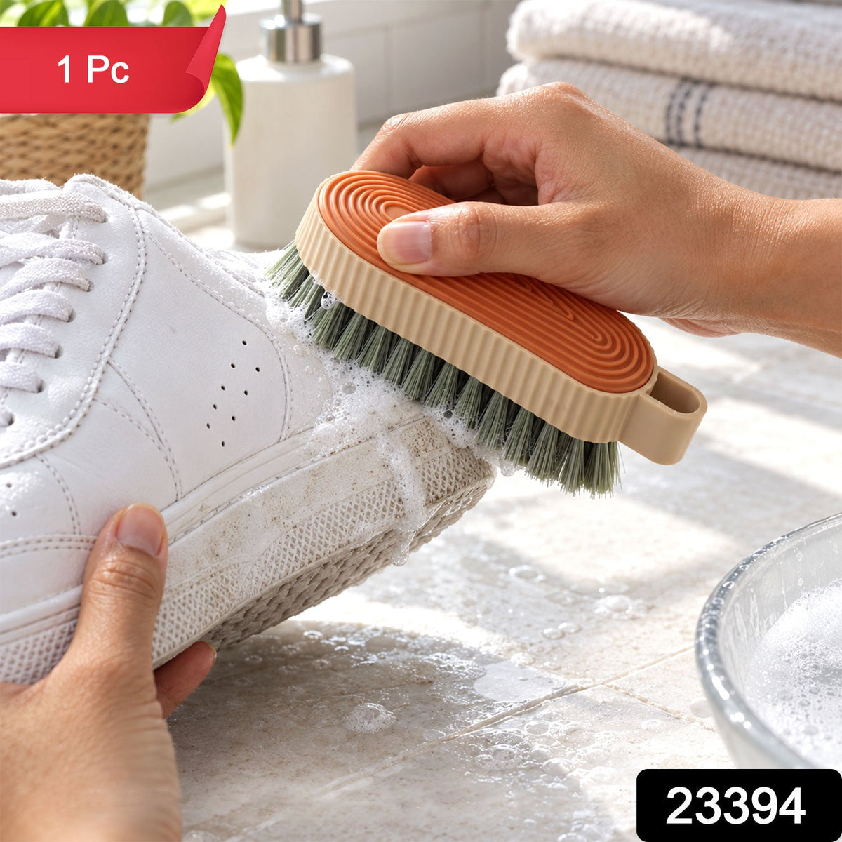 Wukusy multipurpose cleaning brush with textured grip, suitable for shoes, tiles, and surfaces, shown with bristles and handle.