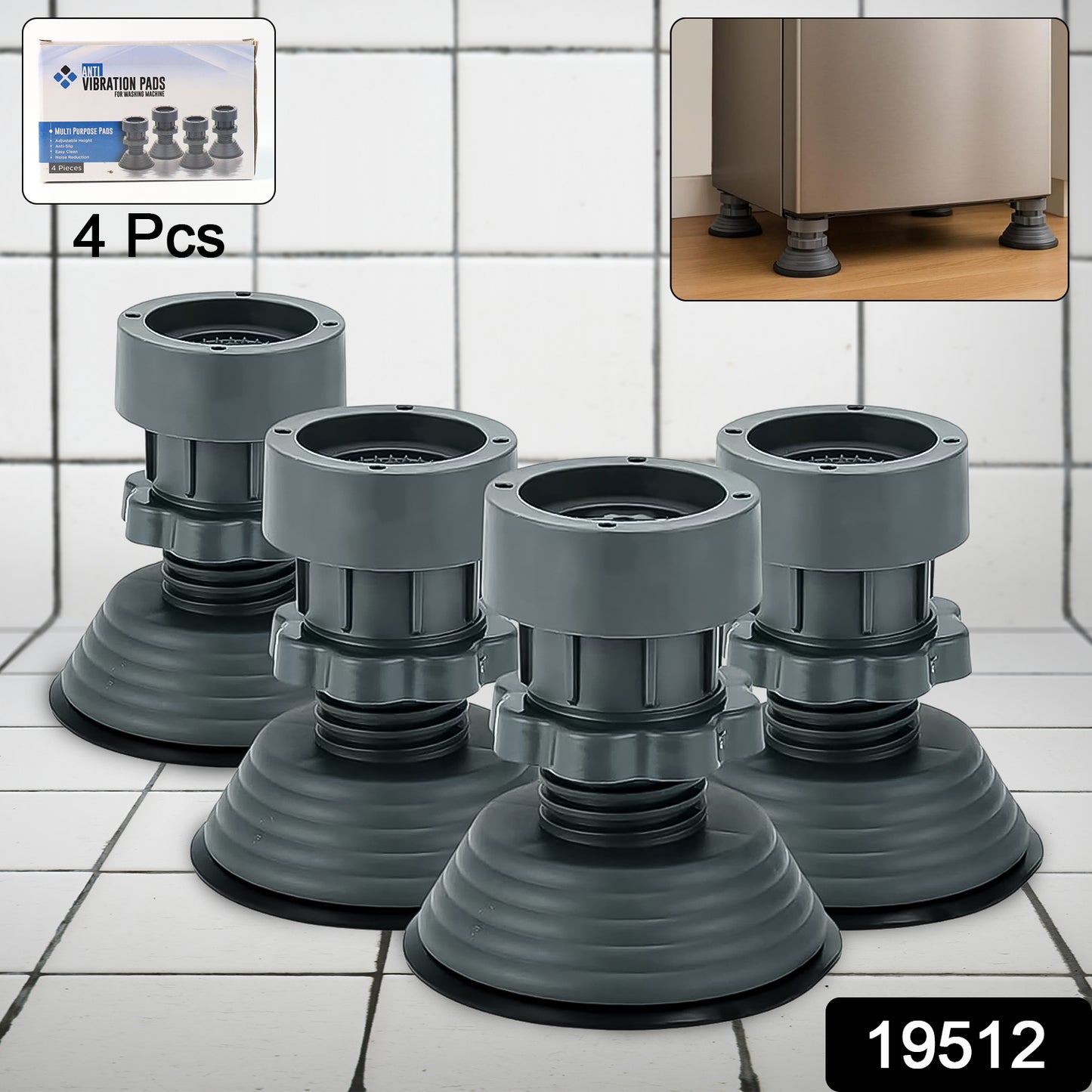 Set of four Wukusy adjustable antivibration pads for home appliances, showing black rubber cushions with textured surfaces.