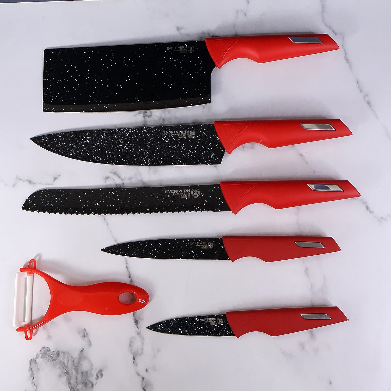 Six-piece Wukusy kitchen knife set with marble-coated blades and red handles, ideal for home cooking and food prep.