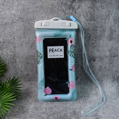 Clear waterproof peach mobile pouch with neck strap by Wukusy, showing the transparent design and adjustable strap attachment.