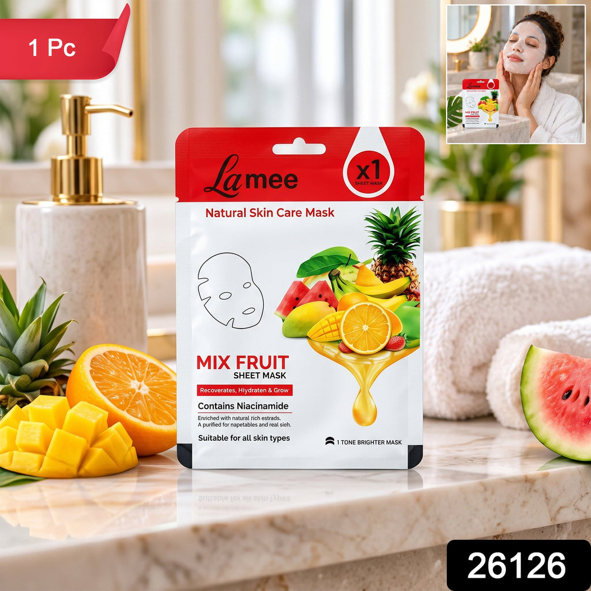 Wukusy mix fruit facial sheet mask with niacinamide for hydrating skin, shown in a close-up on a white background