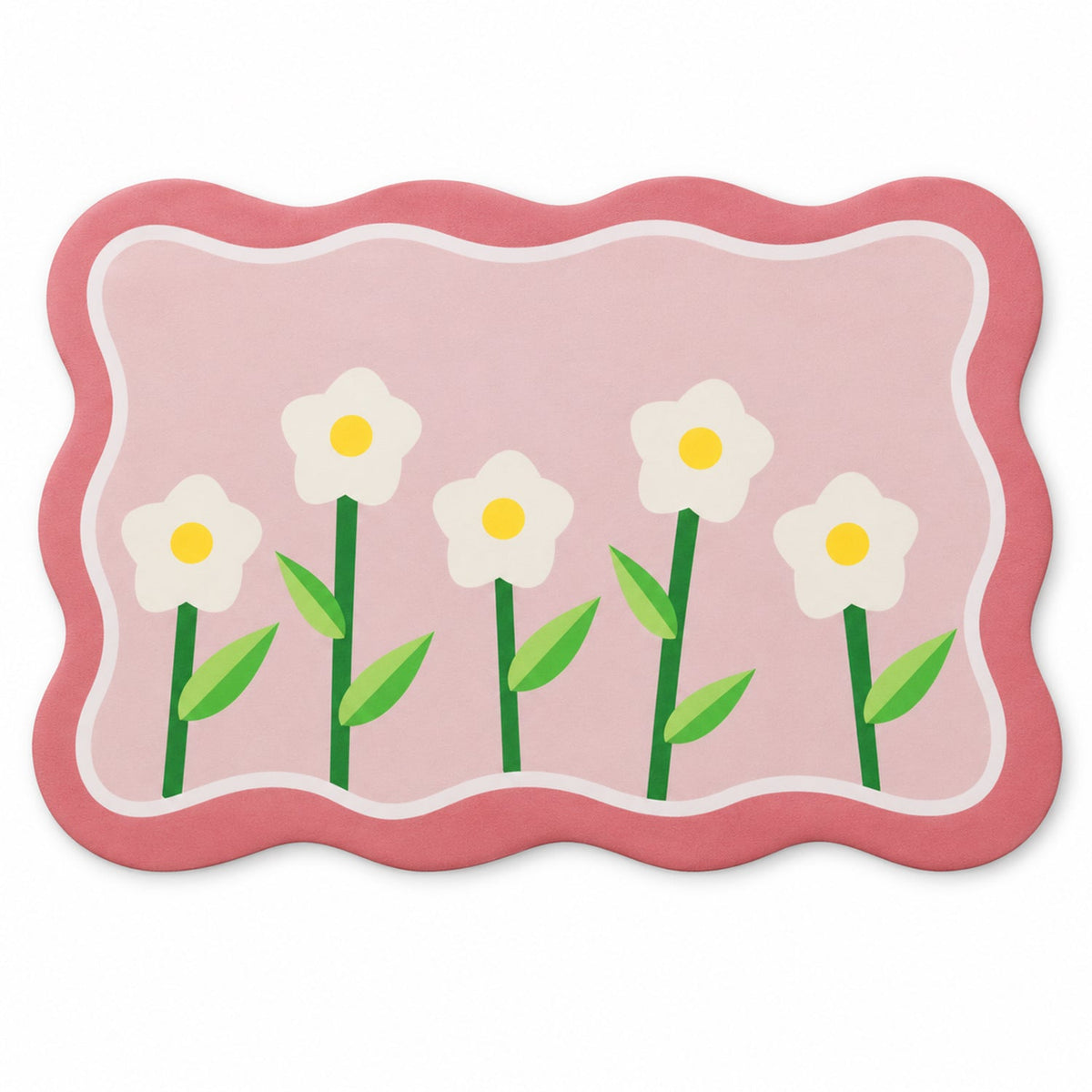 Decorative floral bathroom floor mat with wavy border design, 59x40 cm, by Wukusy, featuring colorful floral patterns and a textured surface.