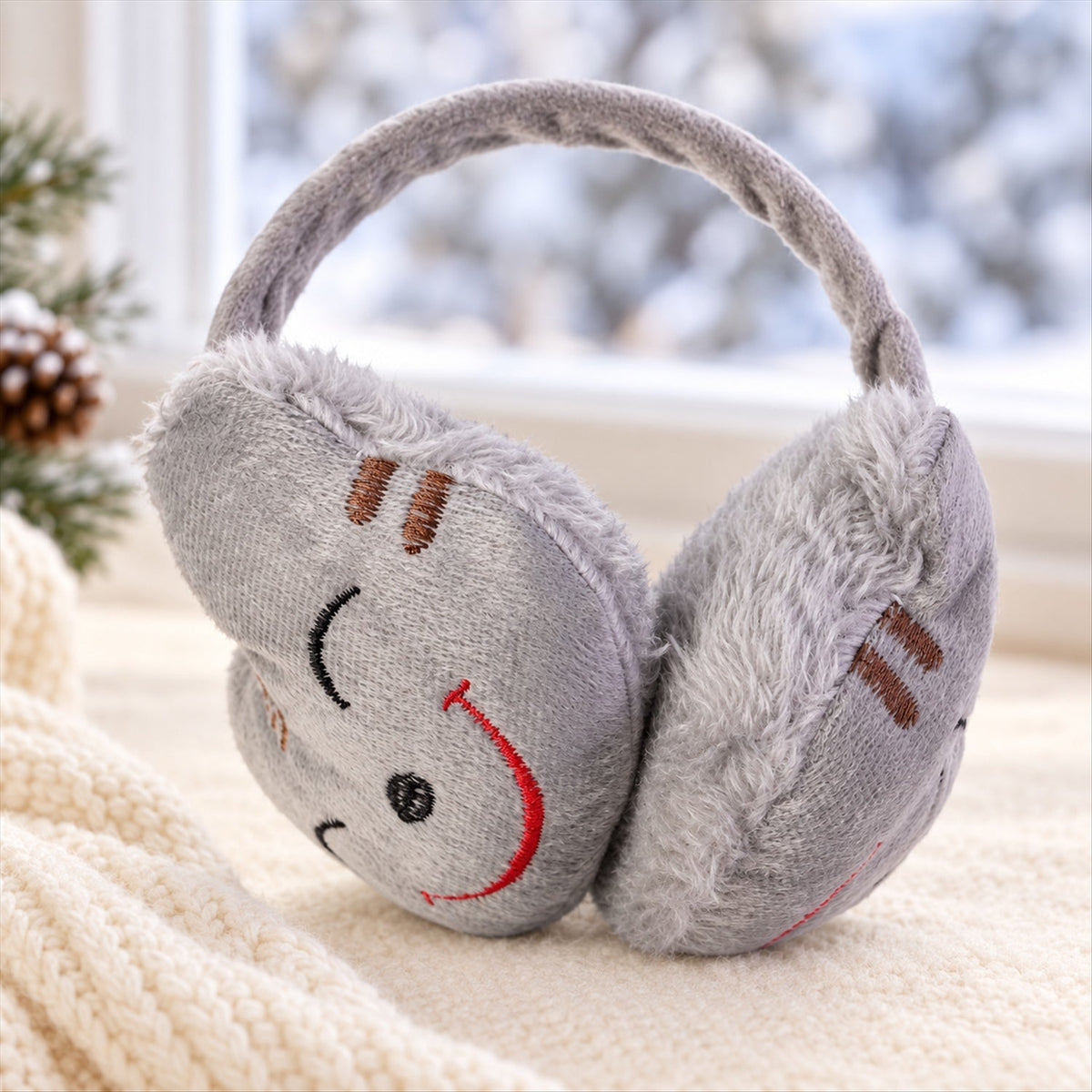 Wukusy smiley plush winter ear muffs with soft fabric and colorful design, perfect for cold weather warmth and comfort.