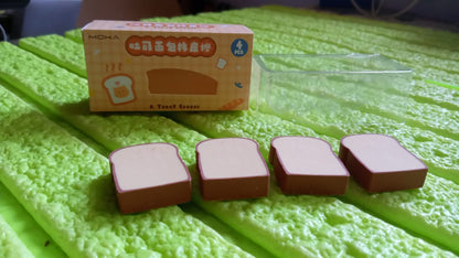 Set of 4 Wukusy 3D toast bread shape erasers featuring cute cartoon bread designs for kids and students, ideal for school stationery.