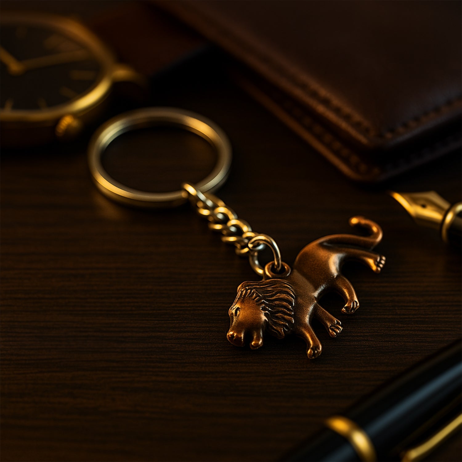 Elegant Wukusy lion metal keychain featuring a detailed walking lion design on a durable keyring.