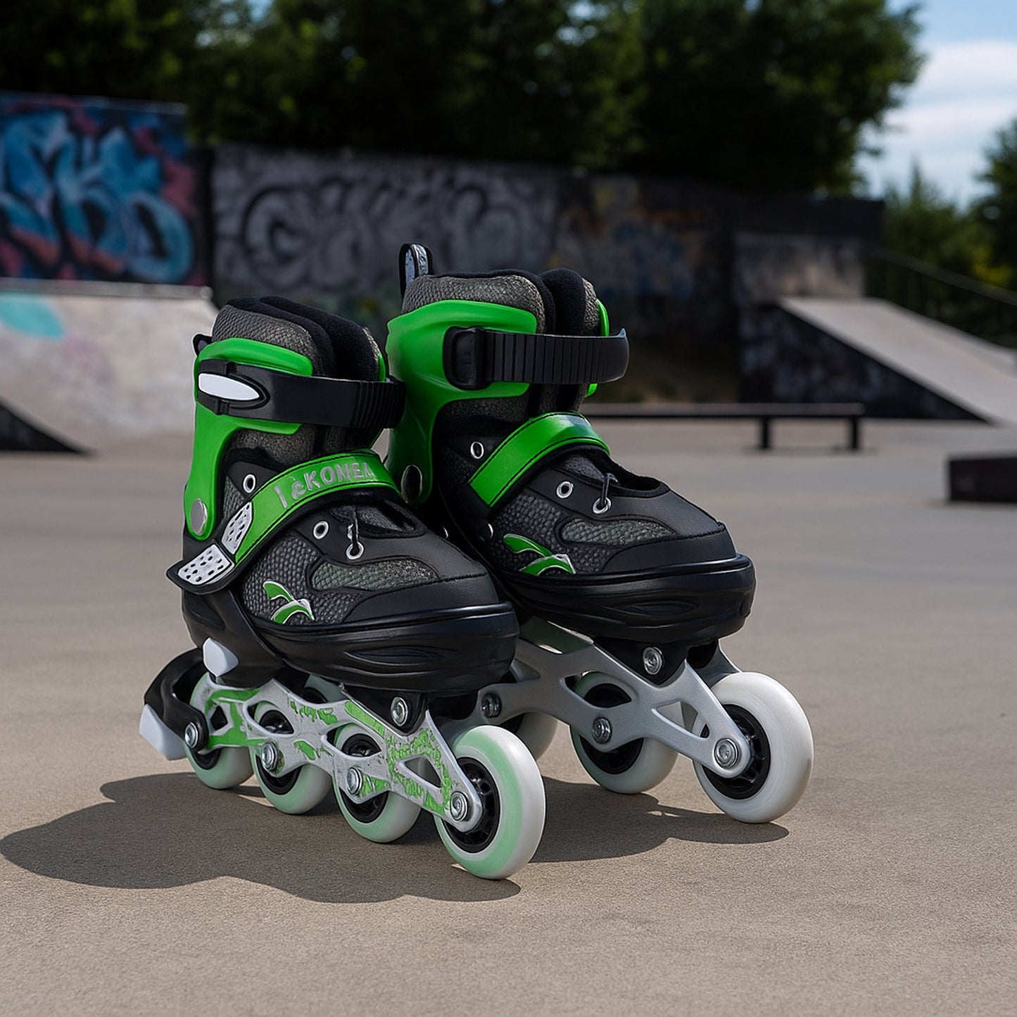 Pair of Wukusy professional adjustable inline skates for kids and adults, featuring sturdy boots and adjustable straps.