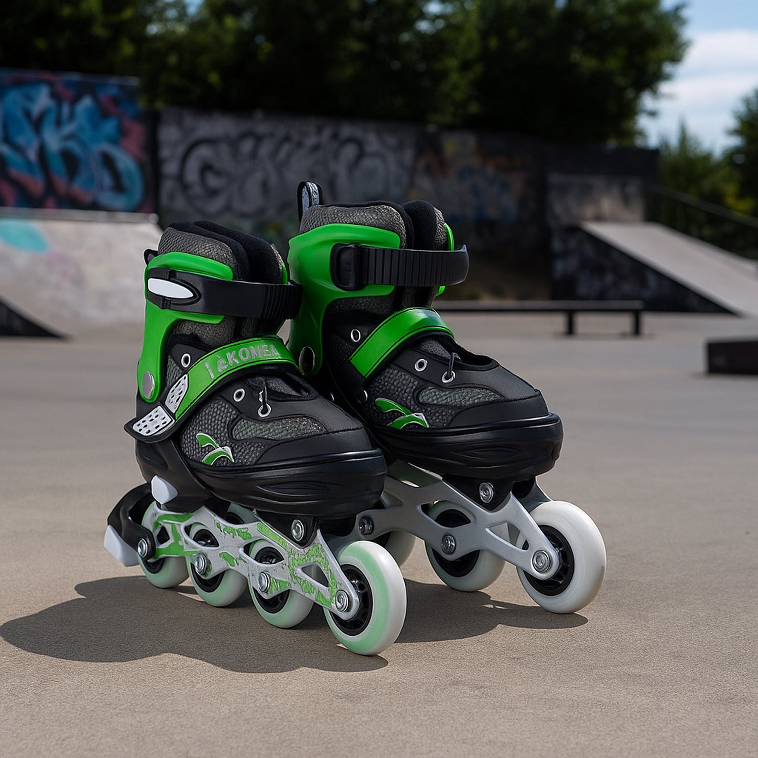 Pair of Wukusy professional adjustable inline skates for kids and adults, featuring sturdy boots and adjustable straps.