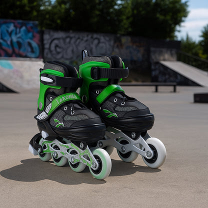 Pair of Wukusy professional adjustable inline skates for kids and adults, featuring sturdy boots and adjustable straps.
