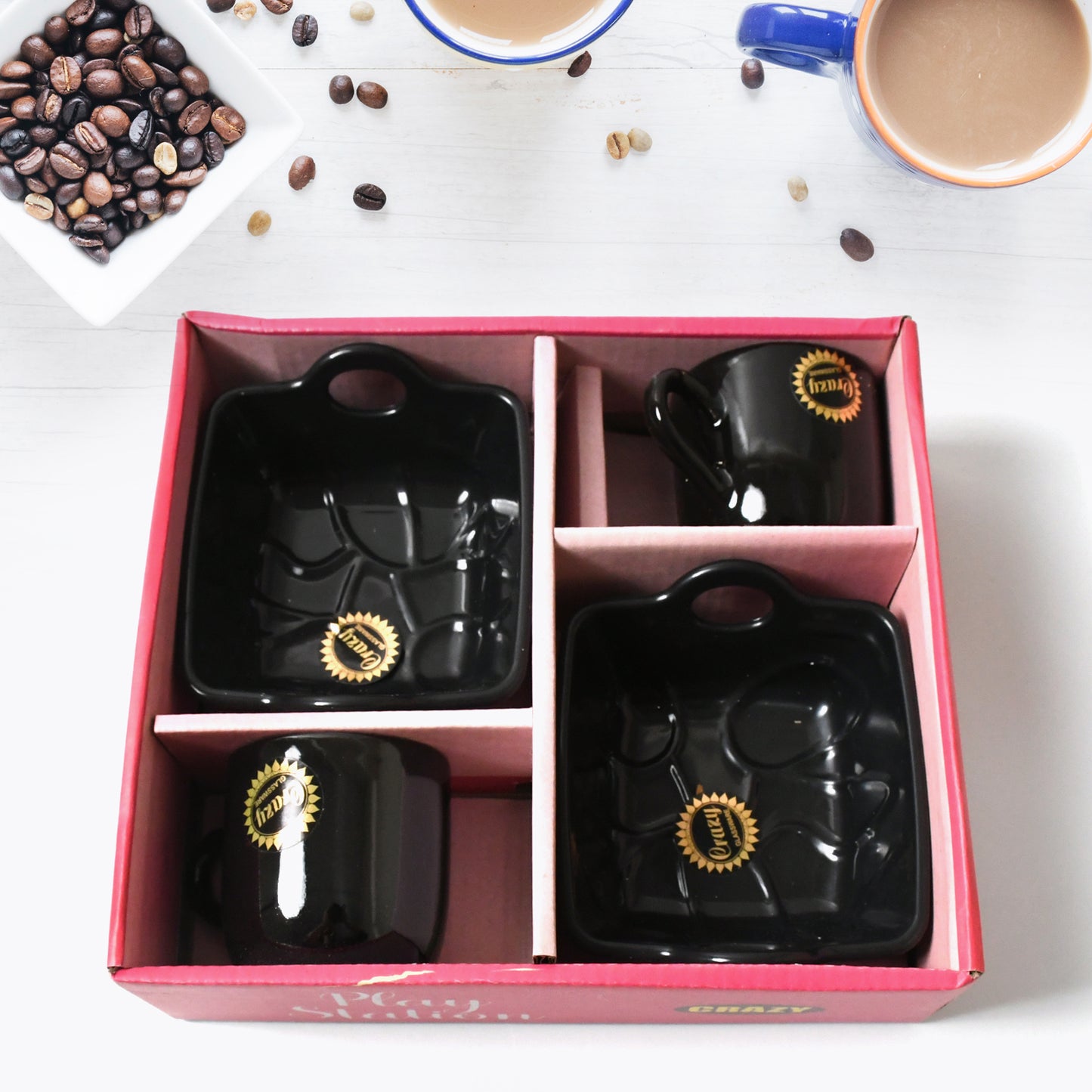 Wukusy 4-piece ceramic tea cup set with handles includes coffee mugs, milk cups, and serving bowl for household or outdoor use
