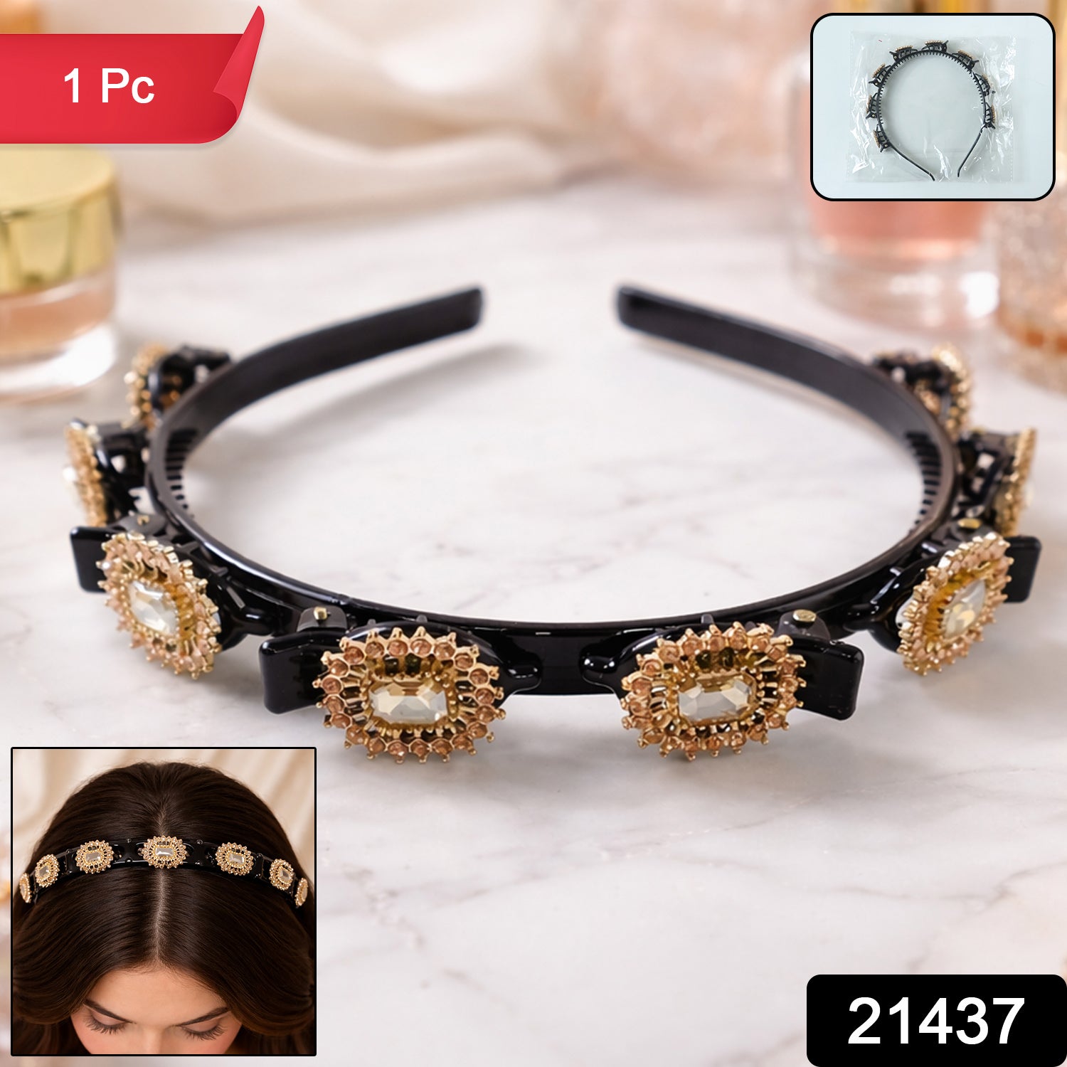 Premium Gold Stone Studded Designer Hair Band (1 Pc)